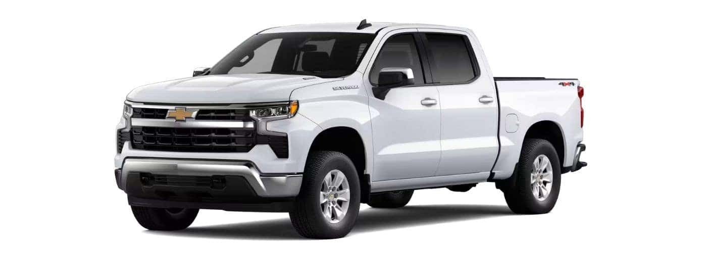 A white 2026 Chevy Silverado 1500 angled left.