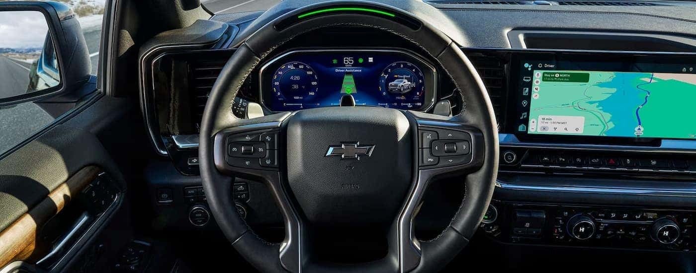 Steering wheel and dashboard in a 2026 Chevy Silverado 1500