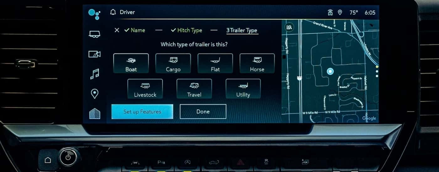 Trailer options on the infotainment screen in a 2026 Chevy Silverado 3500HD