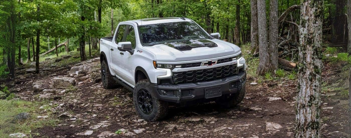 A white 2023 Chevy Silverado 1500 is shown parked in the woods.